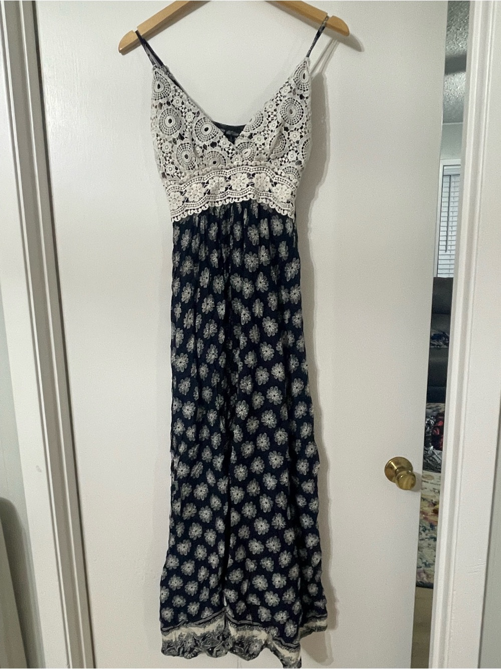 Fashion Magazine Navy and White Crochet Maxi Dress